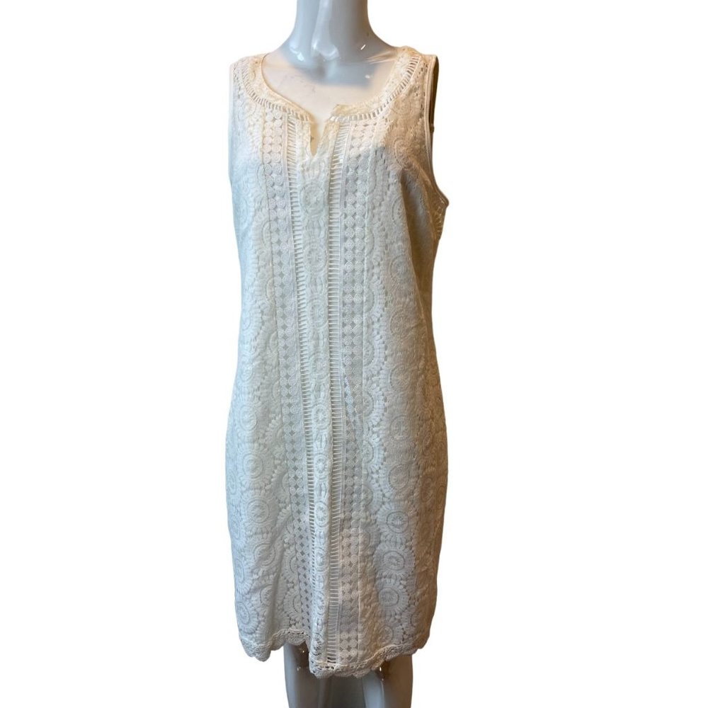 Miss Pinky Womens Floral Lace Shift Dress Split V Neck Eyelet White Size Medium